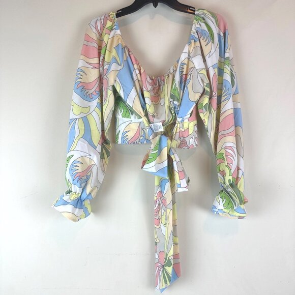 Milk & Honey pastel crop top off shoulder balloon sleeves bow boho retro arty XL - Picture 3 of 12